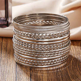 Ethnic Style Set of 16 Metal Retro Wide Cuff Bracelets for Women - Silver Glossy Bracelets
