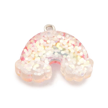 Transparent Resin Pendants, Glitter Rainbow Charms, with Platinum Tone Iron Loops