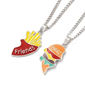 Best Friends Alloy Pendant Necklaces, Valentine's Day Enamel French Fries and Hamburger Necklace, Platinum
