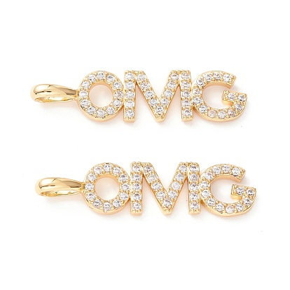 Brass Micro Pave Clear Cubic Zirconia Pendants, Long-Lasting Plated, Lead Free & Cadmium Free & Nickel Free, OMG Word Shape
