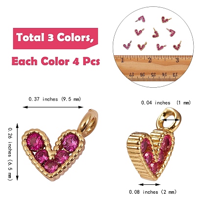 12Pcs 3 Colors Brass Micro Pave Cubic Zirconia Charms, Long-Lasting Plated, Lead Free & Nickel Free & Cadmium Free, Heart, Hot Pink