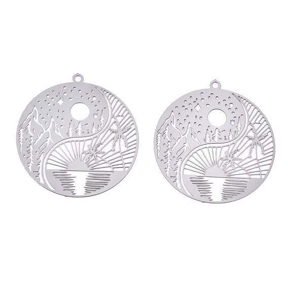 201 pendentifs en filigrane en acier inoxydable, embellissements en métal gravé, plat rond avec motif paysage