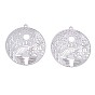 201 Stainless Steel Filigree Pendants, Etched Metal Embellishments, Flat Round with Landscape Pattern