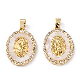 Brass Micro Pave Clear Cubic Zirconia Pendants, Lady of Guadalupe Charms, Long-Lasting Plated, Oval with Virgin Mary