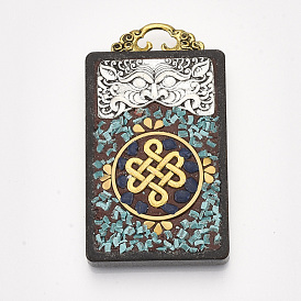 Handmade Indonesia Big Pendants, Wood Settings, with Brass Findings and Alloy Loop, Rectangle with Chinese Knot