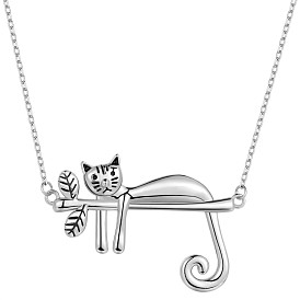 925 Sterling Silver Cat On Branch Pendant Necklace for Women