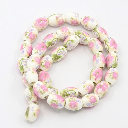 Perles porcelaine fleurs à la main imprimé baril brins, 10x8mm, Trou: 2.5mm, Environ 35 pcs/chapelet, 14.56 pouce