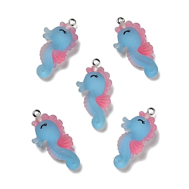 Opaque Resin Pendants, with Platinum Tone Iron Loops, Frosted, Sea Horse