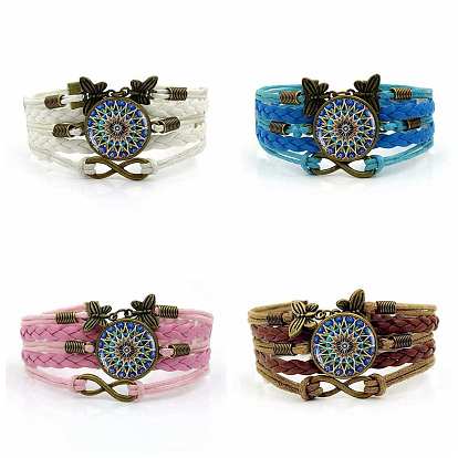 PU Leather Multi-strand Bracelet, Glass Mandala & Alloy Butterfly Links Bracelet for Women