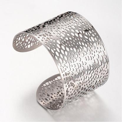 304 Stainless Steel Filigree Cuff Bangles, Wide Band Bangles