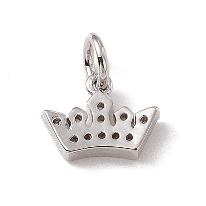 Brass Micro Pave Cubic Zirconia Charm, with Jump Rings, Crown Charm