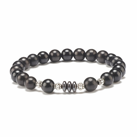 Bracelet extensible en perles de bois naturel et hématite synthétique pour hommes femmes