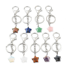 Natural & Synthetic Mixed Gemstone Keychain, with Platinum Plated Iron Split Key Rings, Star