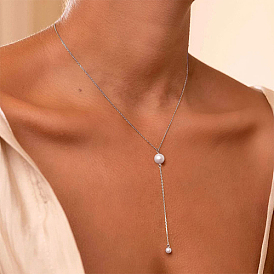 Stainless Steel Cable Chains Lariat Necklace, with Plastic Pearl Beaded