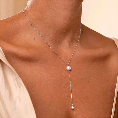 Stainless Steel Cable Chains Lariat Necklace, with Plastic Pearl Beaded