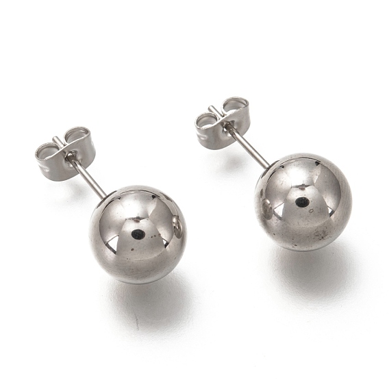 304 Stainless Steel Ball Stud Earrings, with 316 Stainless Steel Pin & Earring Backs, Round