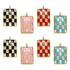 8Pcs 4 Colors Rack Plating Brass Enamel Pendants, Long-Lasting Plated, Real 18K Gold Plated, Lead Free & Cadmium Free, Rectangle with Tartan Pattern