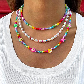 Bohemian Style Colorful Rice Bead Necklace Set with Soft Clay Fruit Pearls and Mixed Lock Collar Chain for Decoration