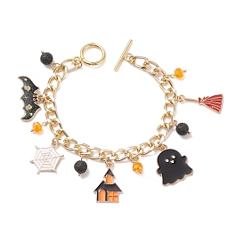Alliage émail fantôme & chauve-souris & balai & bracelet à breloques en pierre de lave naturelle, bijoux d'halloween pour femmes
