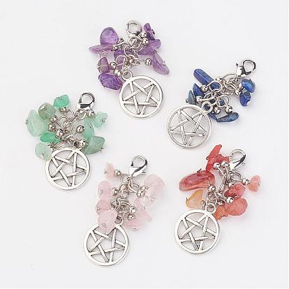 Natural Gemstone Chips Pendants, with Flat Round with Pentagram Pendants and Brass Lobster Claw Clasps