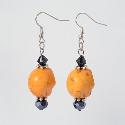 Halloween Synthetic Howlite Skull Dangle Earrings, with Glass Beads and Brass Earring Hooks, 58mm, Pin: 0.7mm