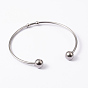 Fashion 304 Stainless Steel Cuff Bangles Torque Bangles, End with Immovable Round Beads