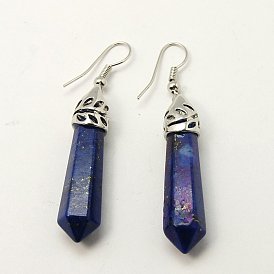 Boucles d'oreilles en lapis lazuli naturel, avec les accessoires en laiton, balle, platine, 55mm, pin: 0.5 mm