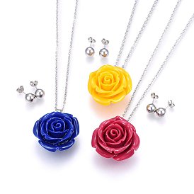 304 Stainless Steel Jewelry Sets, Pendant Necklaces and Ball Stud Earrings, with Lobster Claw Clasps and Resin, Flower, Stainless Steel Color