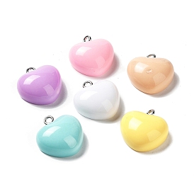 Opaque Resin Pendants, with Platinum Tone Iron Loops, Heart Charms
