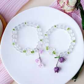 Handmade Lampwork Round Beaded Bracelets, Convallaria Majalis Flower Tassel Bracelets for Women, Butterfly