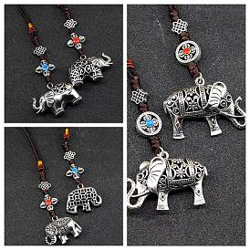 Décoration pendentif en alliage d'éléphant et nœud chinois, avec ornements suspendus pour sac de voiture en cordon de polyester
