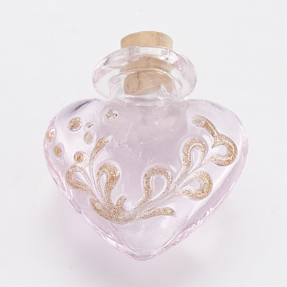 Handmade Lampwork Perfume Bottle Pendants, Essential Oil Bottle, with Gold Sand, Heart