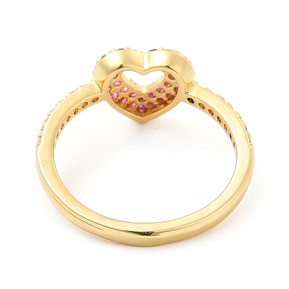 Rack Plating Brass Micro Pave Camellia & Crystal Cubic Zirconia Heart Rings, Cadmium Free & Lead Free, Long-Lasting Plated