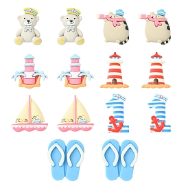 28Pcs 7 Styles Nautical Themed Opaque Resin Cabochons, Sailboat & Bear & Lighthouse, Mixed Shapes