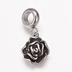 304 Stainless Steel European Dangle Charms, Large Hole Pendants, Rose Flower