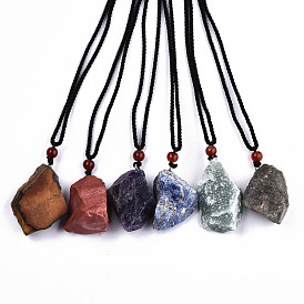 Природных драгоценных камней кулон ожерелья, ожерелья с ползунком, со шнурками из полиэстера случайного цвета, грубый необработанный камень