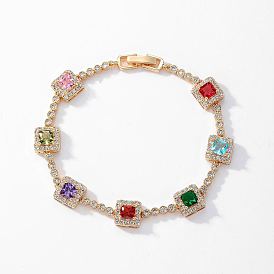 Bracelets de tennis colorés en zircone cubique pour femmes, bracelet chaîne à maillons carrés en laiton