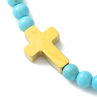 2Pcs 2 Style Natural Howlite & Synthetic Turquoise & 304 Stainless Steel Cross Beaded Stretch Bracelets Set