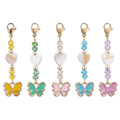 Butterfly Alloy Enamel Pendant Decorations, with Heart Freshwater Shell Beads and 304 Stainless Steel Lobster Claw Clasps