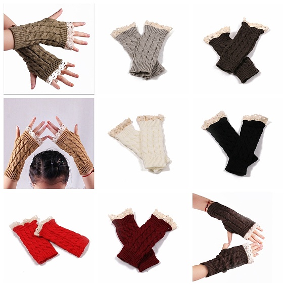 Gants sans doigts à tricoter en fil de fibre acrylique, gants chauds d'hiver à bord en dentelle avec trou pour le pouce pour femmes