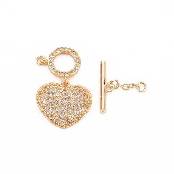 Brass Micro Pave Clear Cubic Zirconia Toggle Clasps, Clover, Nickel Free, Heart