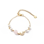 Bracelet à maillons étoile et lune en zircone cubique transparente avec chaînes en laiton, bracelet en perles de quartz rose naturel et coquillage pour femme