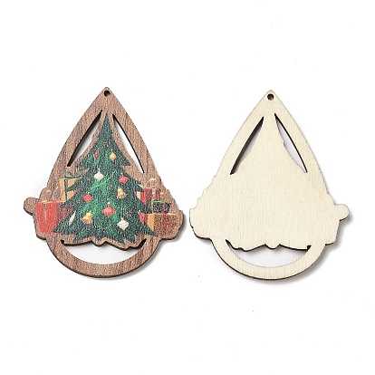 Single Face Christmas Printed Wood Big Pendants, Teardrop Charms with Christmas Tree