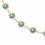 Golden Brass Flower Enamel Links Chain Necklaces, with Brass Curb Chains & Lobster Claw Clasps