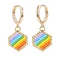 Rainbow Color Japanese Seed Braided Hexagon Dangle Hoop Earrings, Brass Jewelry for Women
