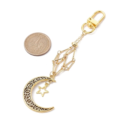 Brass Macrame Pouch Empty Tumbled Stone Holder Pendant Decoration, Interchangeable Stone, with Alloy Pendant and Swivel Clasps, Moon