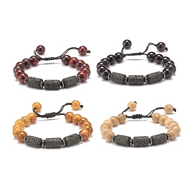 Round Natural Wood Braided Bead Bracelet, Synthetic Hematite & Natural Lava Rock Beads Stone Bracelet for Men Women