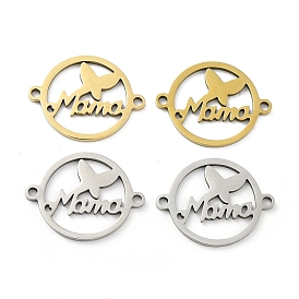 Ion Plating(IP) 201 Stainless Steel Connector Charms, Mother's Day Flat Round with Word Mama Links