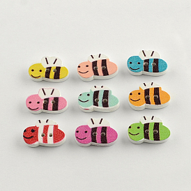 2-Hole Printed Wooden Buttons, Bees, Mixed Color, 20x13x3.5mm, Hole: 2mm