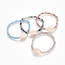 Bracelets stretch coquille cauris, avec des perles de verre plaquées et en laiton
